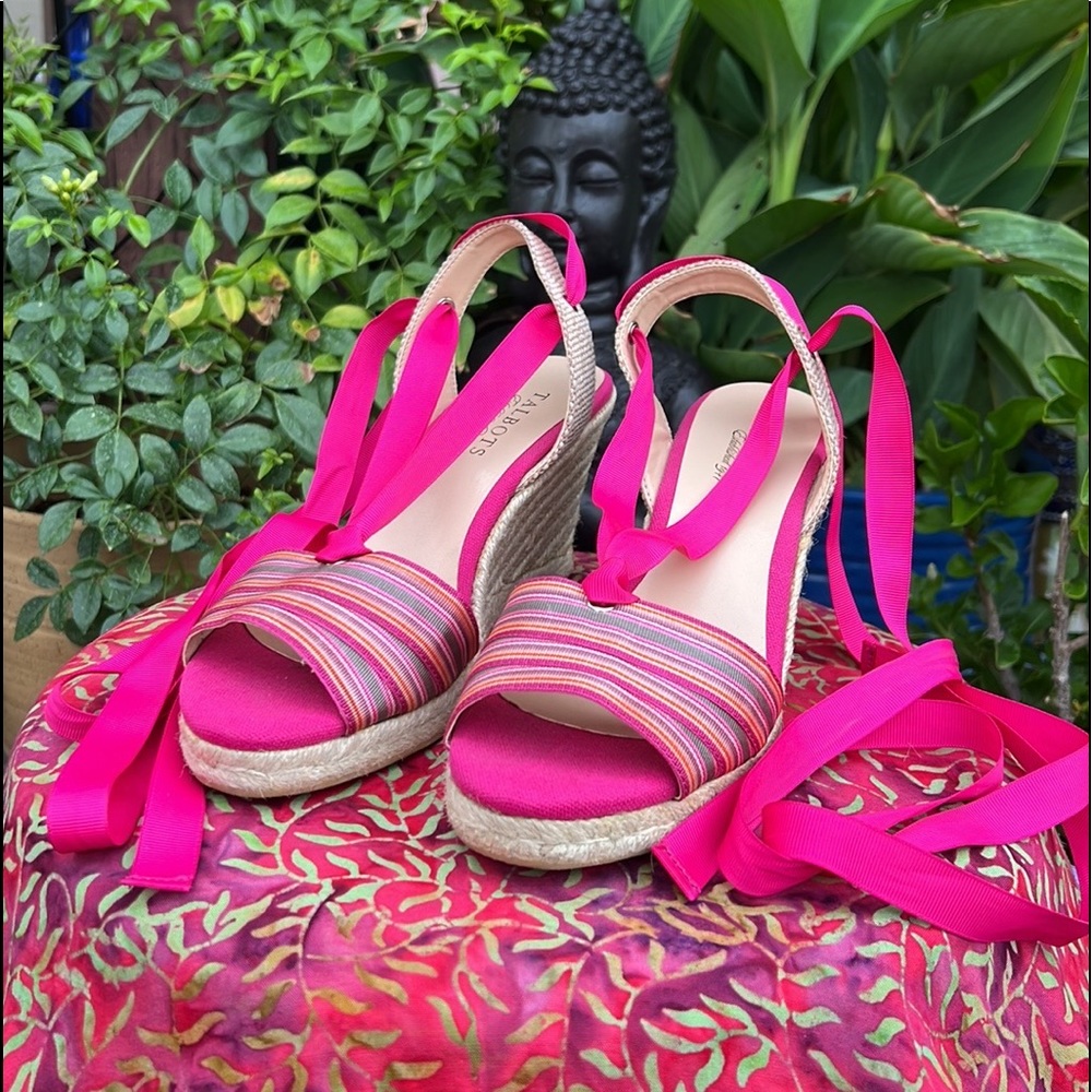 Talbots Pink Ankle Wrap Espadrille Wedge Sandals